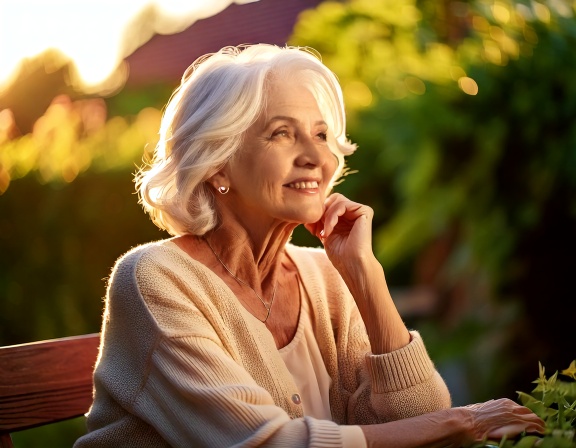 Ältere Frau steht nachdenklich im großen Garten ihres Hauses in Garz auf Rügen und wünscht sich Unterstützung beim Hausverkauf.